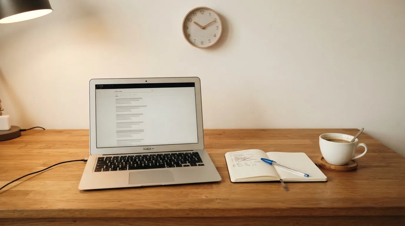 A tidy desk with a laptop open on a plain search-results page, a notebook and a coffee cup beside it, no screens showing any casino branding.