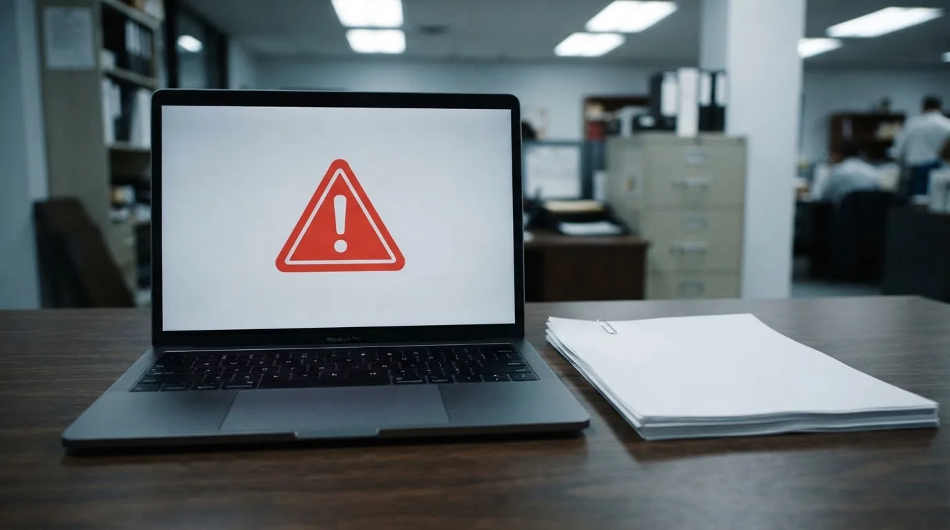A red triangular warning sign icon on a laptop screen next to a stack of legal papers, symbolising an official caution rather than any specific website.