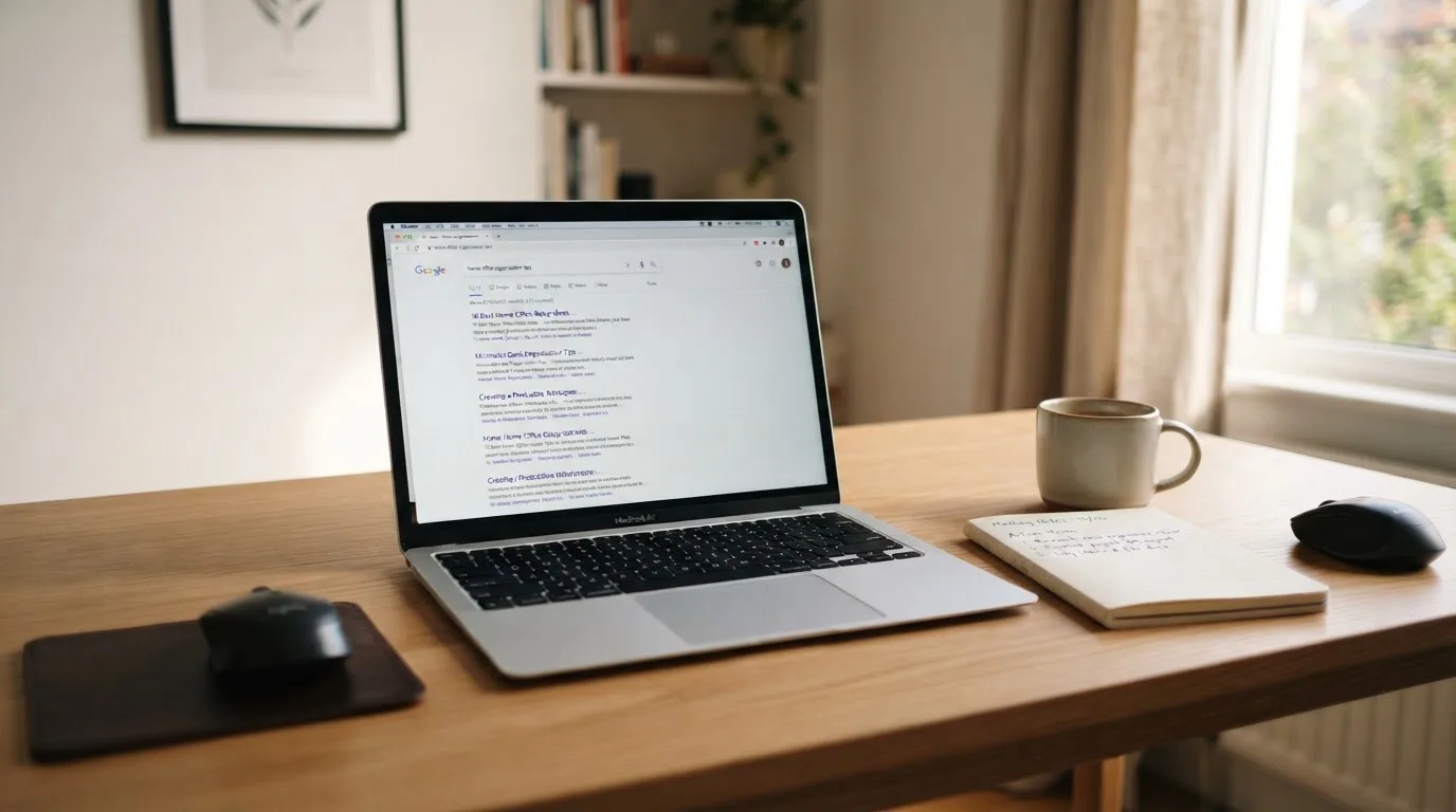 A tidy desk with a laptop open on a plain search-results page, a notebook and a coffee cup beside it, no screens showing any casino branding.