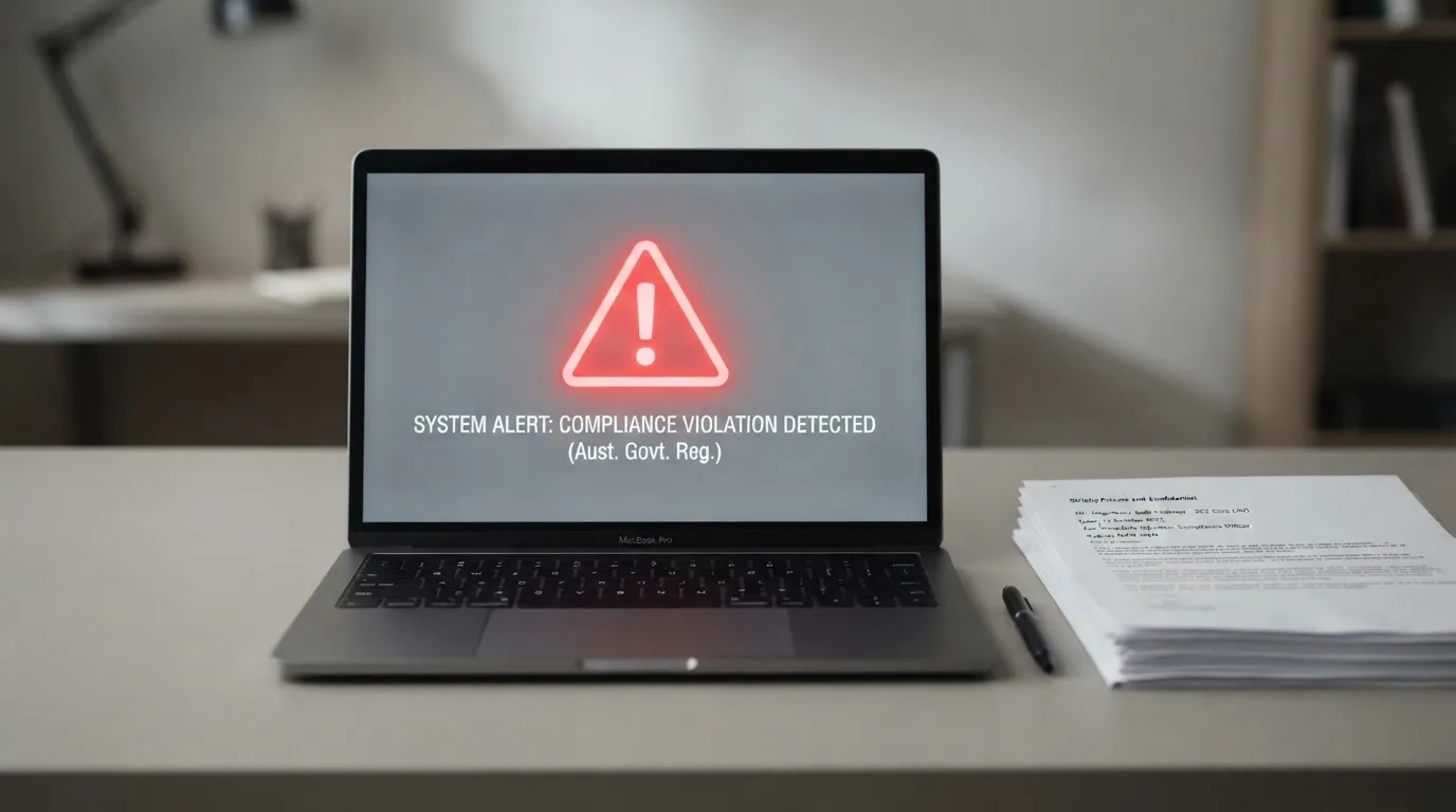 A red triangular warning sign icon on a laptop screen next to a stack of legal papers, symbolising an official caution rather than any specific website.