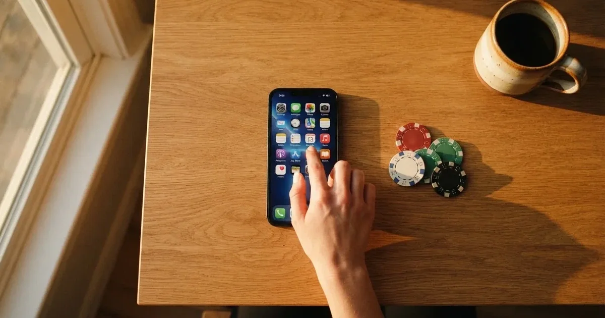 A hand tapping a smartphone screen showing generic app icons, none of them branded.