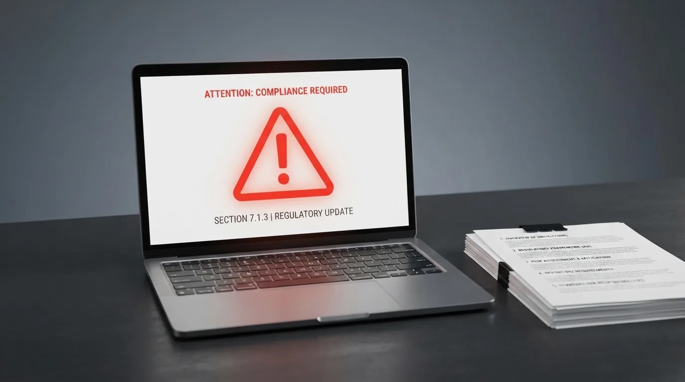A red triangular warning sign icon on a laptop screen next to a stack of legal papers, symbolising an official caution rather than any specific website.