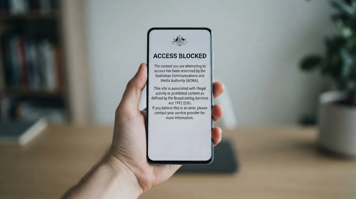 A smartphone screen showing a plain government warning notice about a blocked website, held against a blurred background.