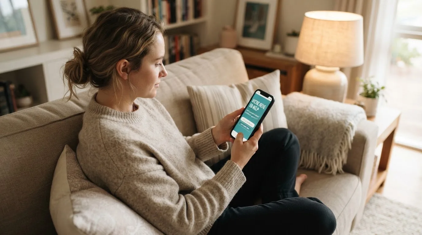 A person sitting calmly with a phone open to a support helpline page, no gaming screen visible.