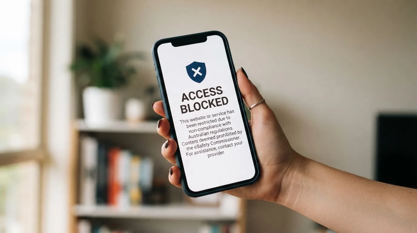 A smartphone screen showing a plain government warning notice about a blocked website, held against a blurred background.