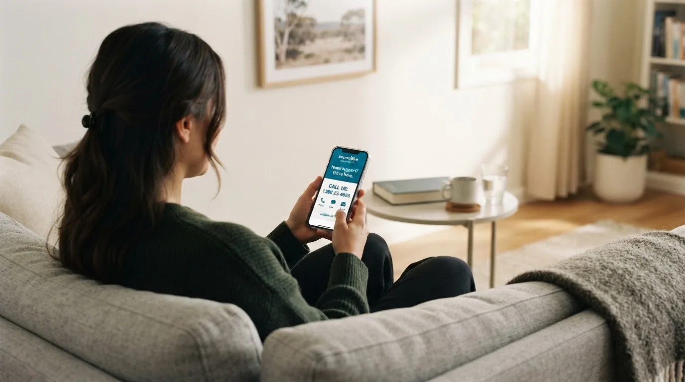 A person sitting calmly with a phone open to a support helpline page, no gaming screen visible.