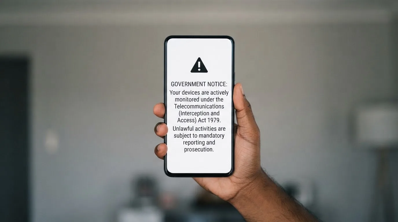 A smartphone screen showing a plain government warning notice about a blocked website, held against a blurred background.