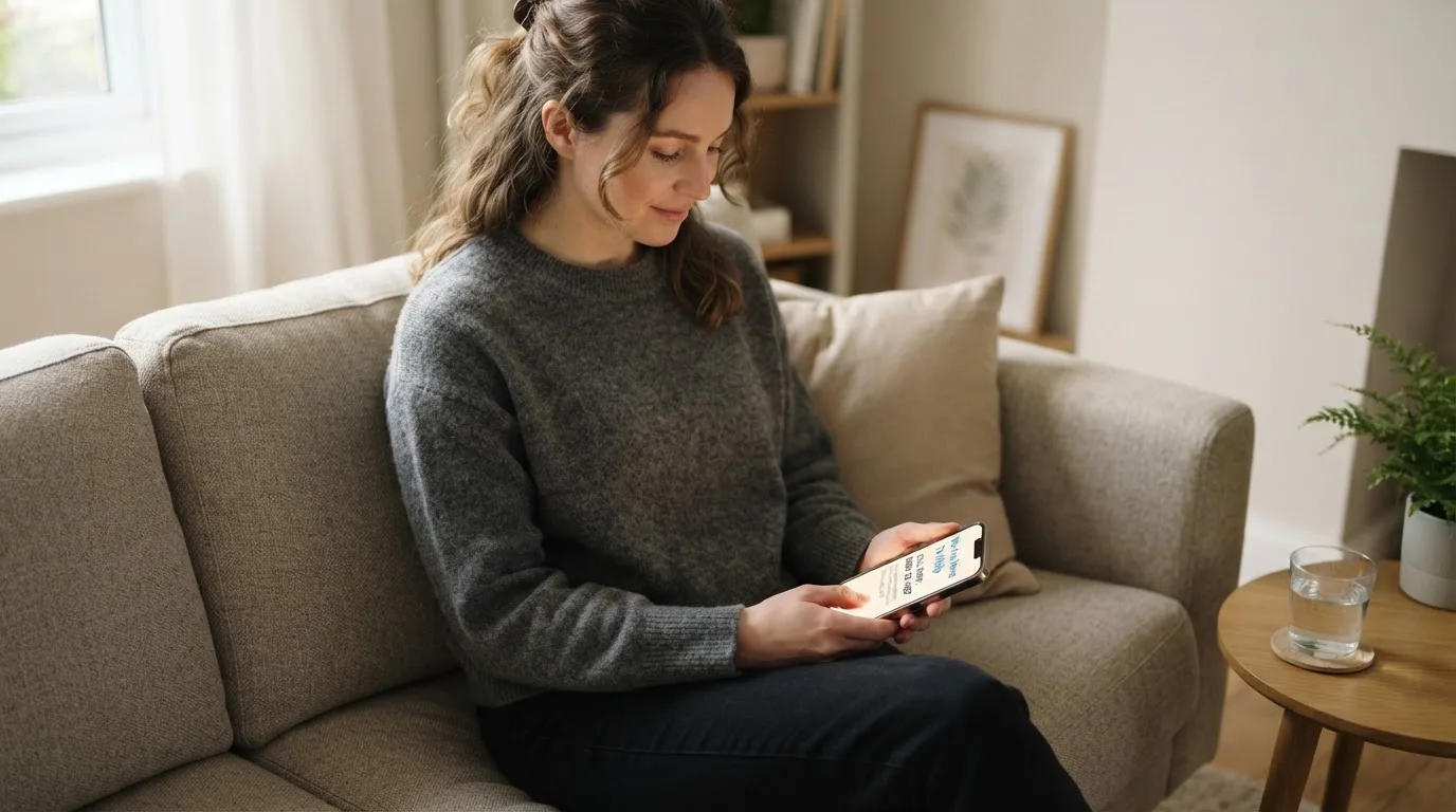 A person sitting calmly with a phone open to a support helpline page, no gaming screen visible.