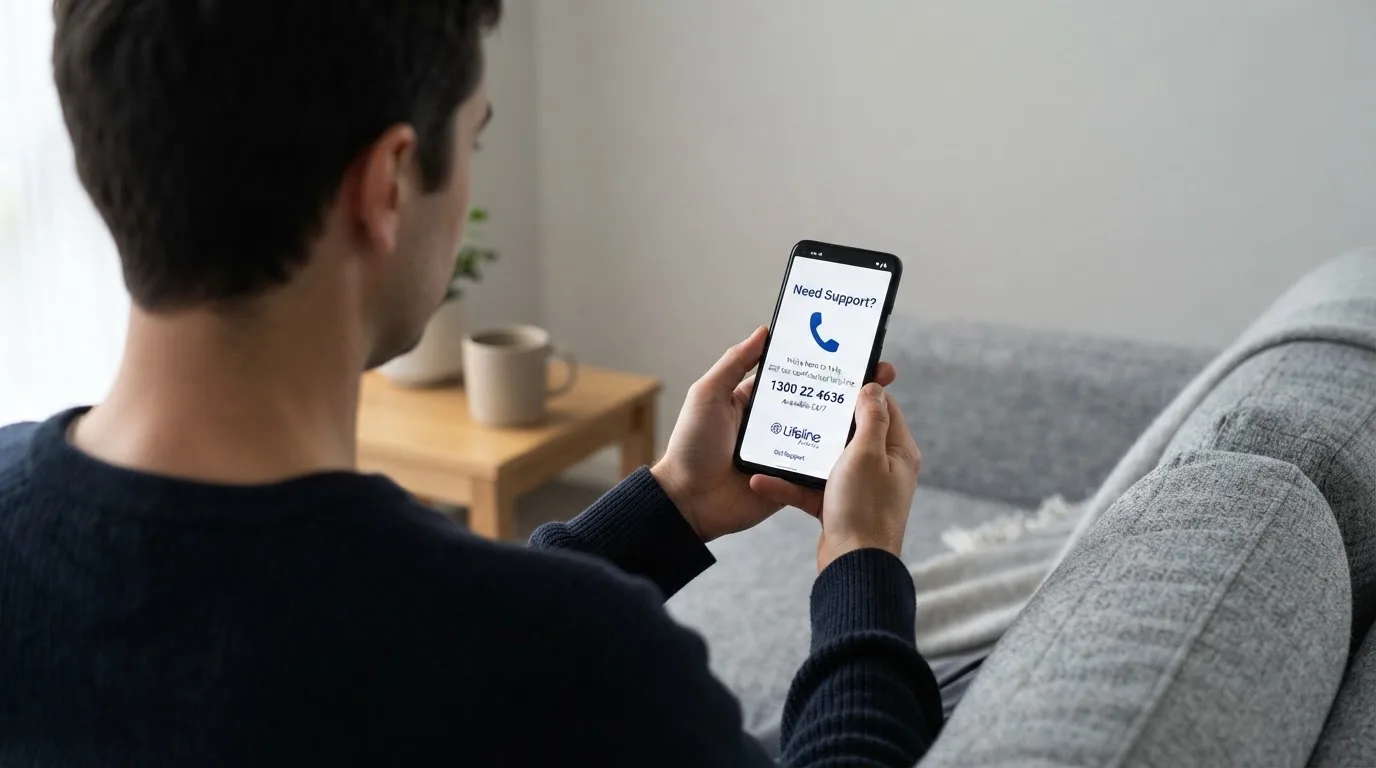 A person sitting calmly with a phone open to a support helpline page, no gaming screen visible.