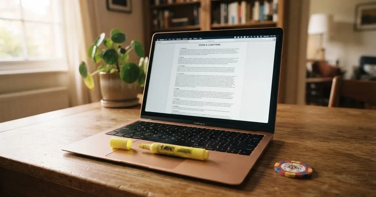 A laptop screen showing a page of terms and conditions text with a highlighter resting nearby.