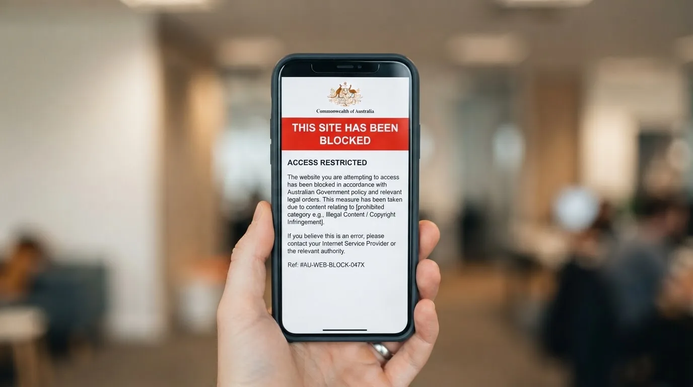 A smartphone screen showing a plain government warning notice about a blocked website, held against a blurred background.