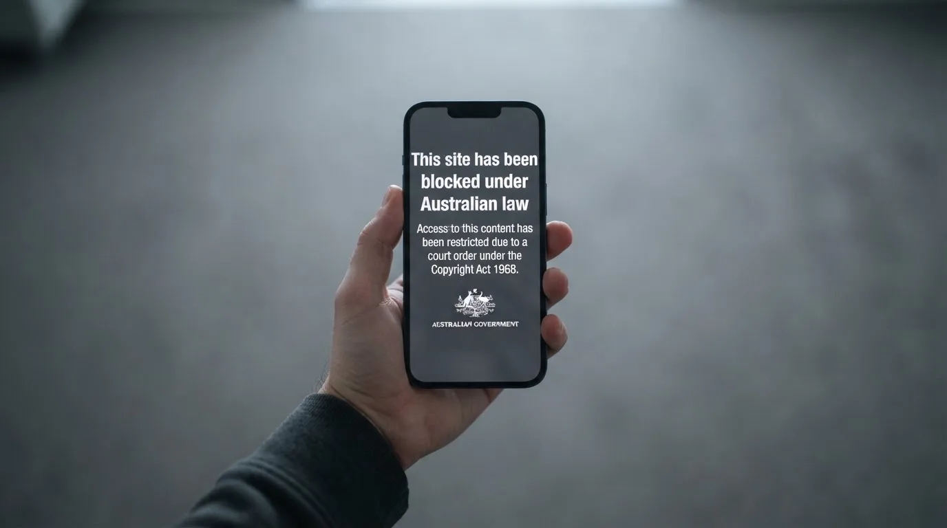 A smartphone screen showing a plain government warning notice about a blocked website, held against a blurred background.