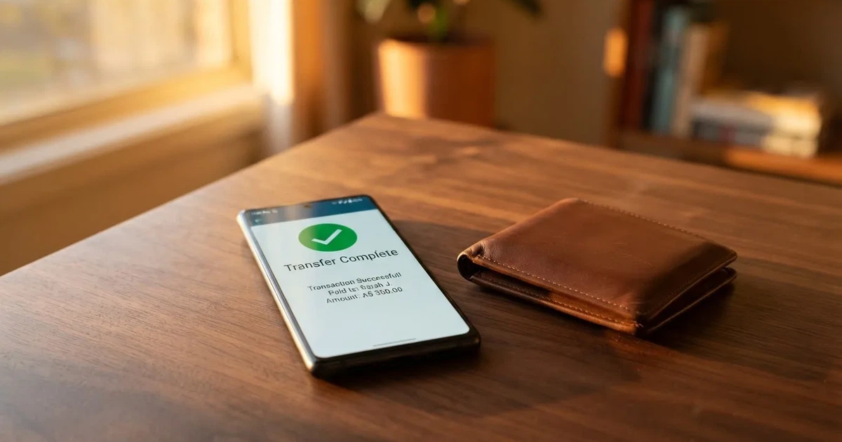 A phone screen showing a bank transfer confirmation, held next to a wallet on a table.