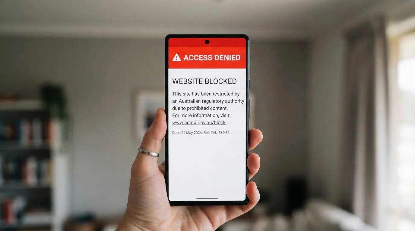 A smartphone screen showing a plain government warning notice about a blocked website, held against a blurred background.