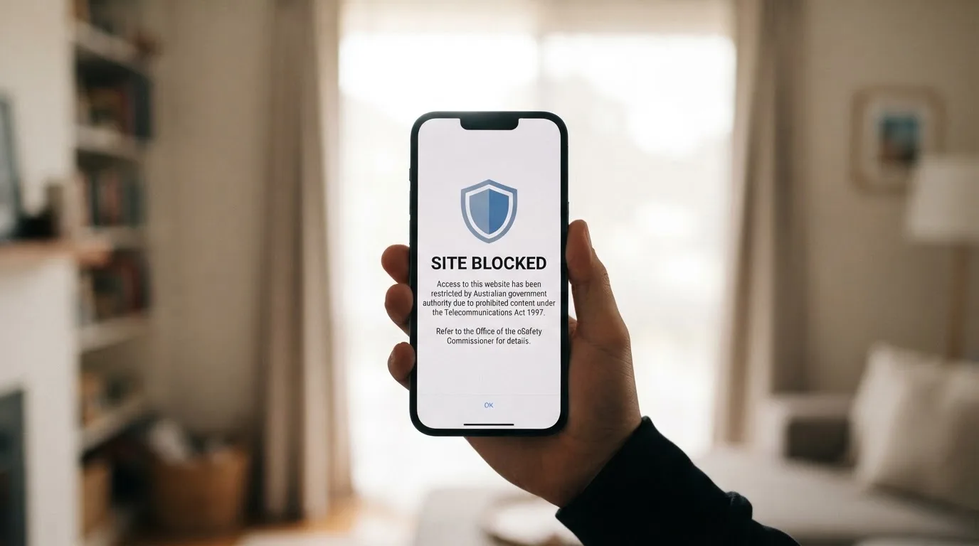 A smartphone screen showing a plain government warning notice about a blocked website, held against a blurred background.