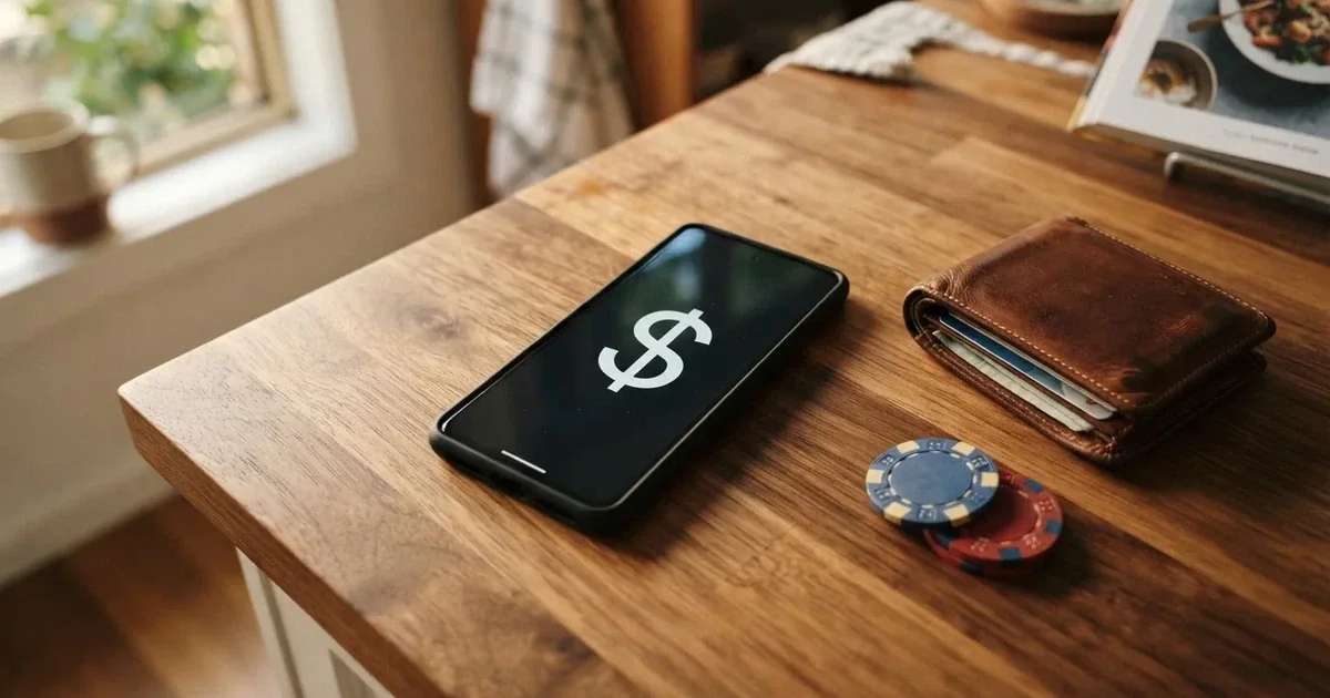 A phone screen showing a bank transfer confirmation, held next to a wallet on a table.