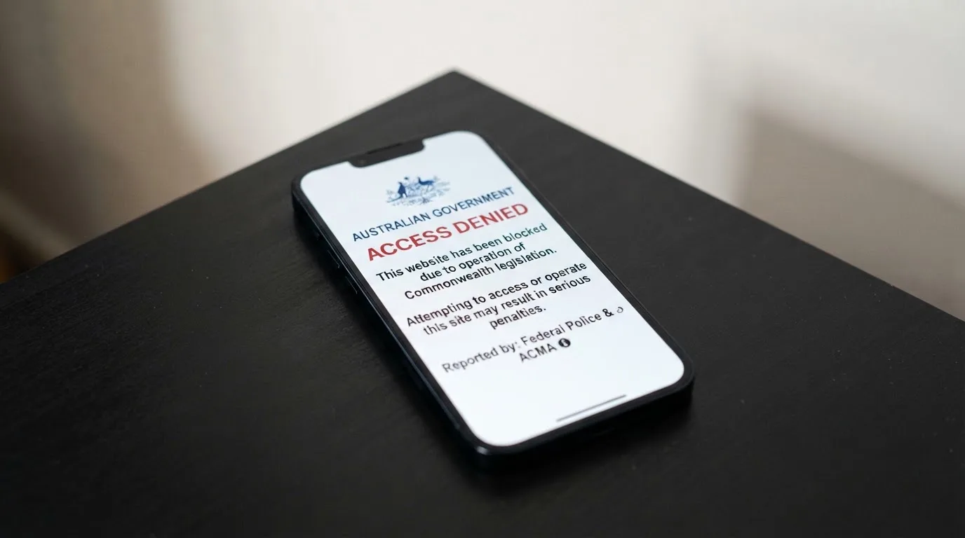 A smartphone screen showing a plain government warning notice about a blocked website, held against a blurred background.