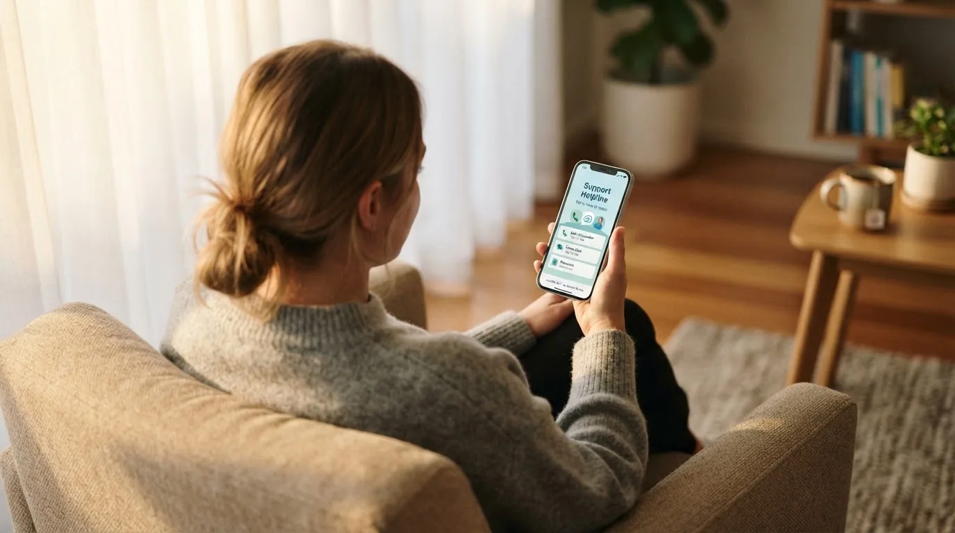 A person sitting calmly with a phone open to a support helpline page, no gaming screen visible.
