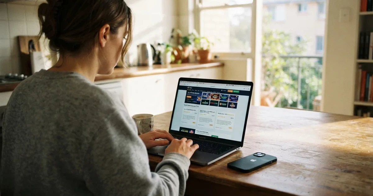 A person at a kitchen table scrolling through review pages on a laptop, phone face-down beside them.