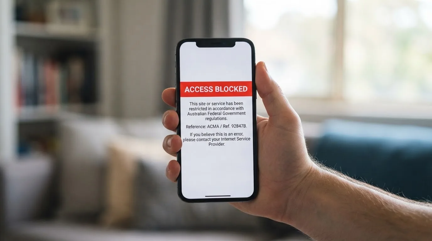 A smartphone screen showing a plain government warning notice about a blocked website, held against a blurred background.
