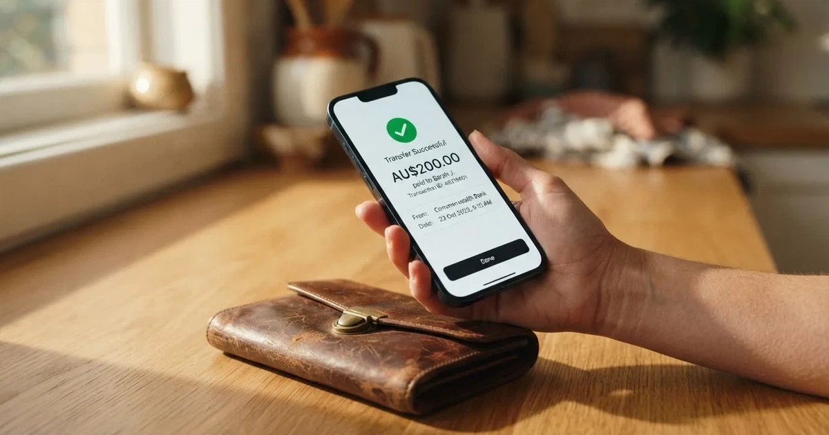 A phone screen showing a bank transfer confirmation, held next to a wallet on a table.