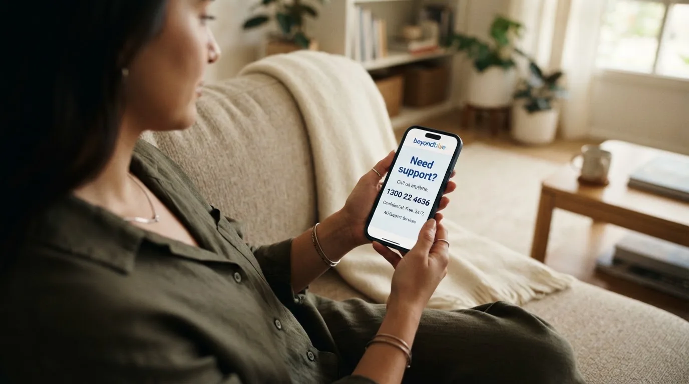 A person sitting calmly with a phone open to a support helpline page, no gaming screen visible.