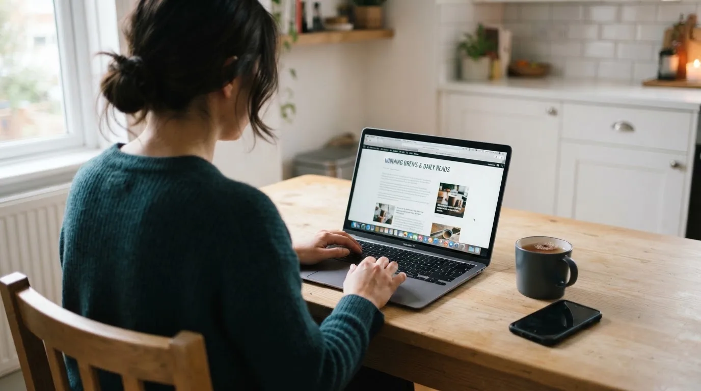 A person at a kitchen table scrolling through review pages on a laptop, phone face-down beside them.
