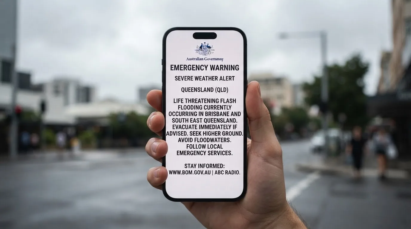 A smartphone screen showing a plain government warning notice about a blocked website, held against a blurred background.