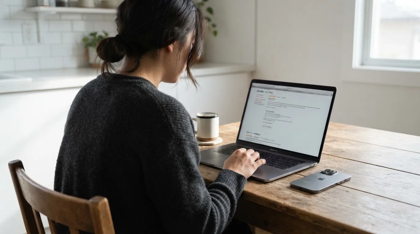 A person at a kitchen table scrolling through review pages on a laptop, phone face-down beside them.