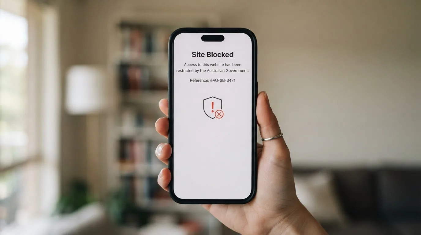 A smartphone screen showing a plain government warning notice about a blocked website, held against a blurred background.