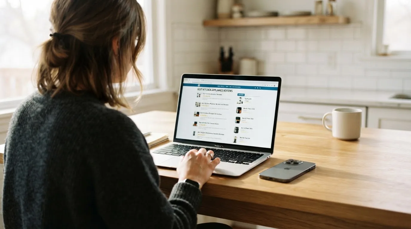 A person at a kitchen table scrolling through review pages on a laptop, phone face-down beside them.