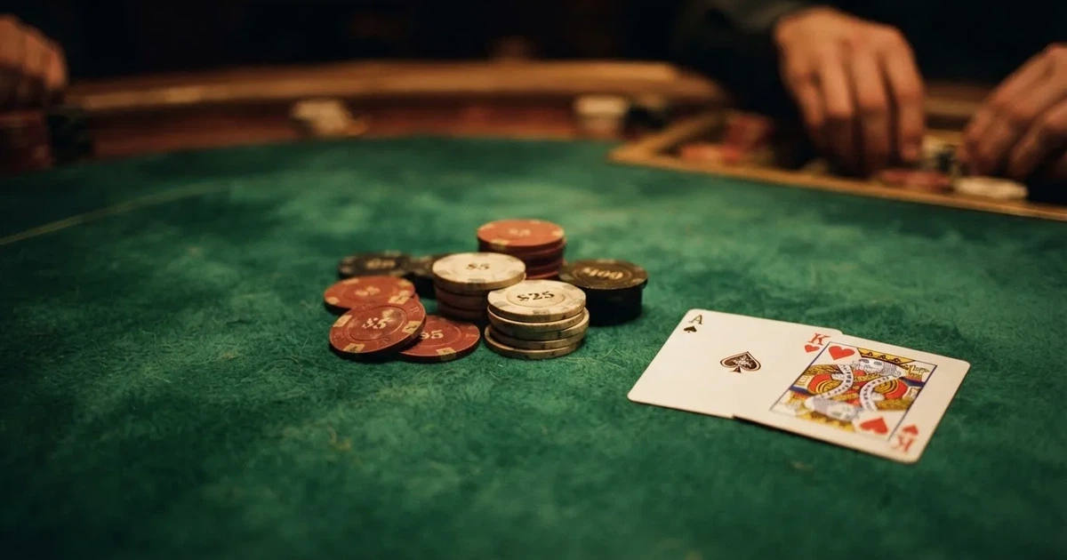 A close-up of a green felt gaming table with cards and chips mid-hand.