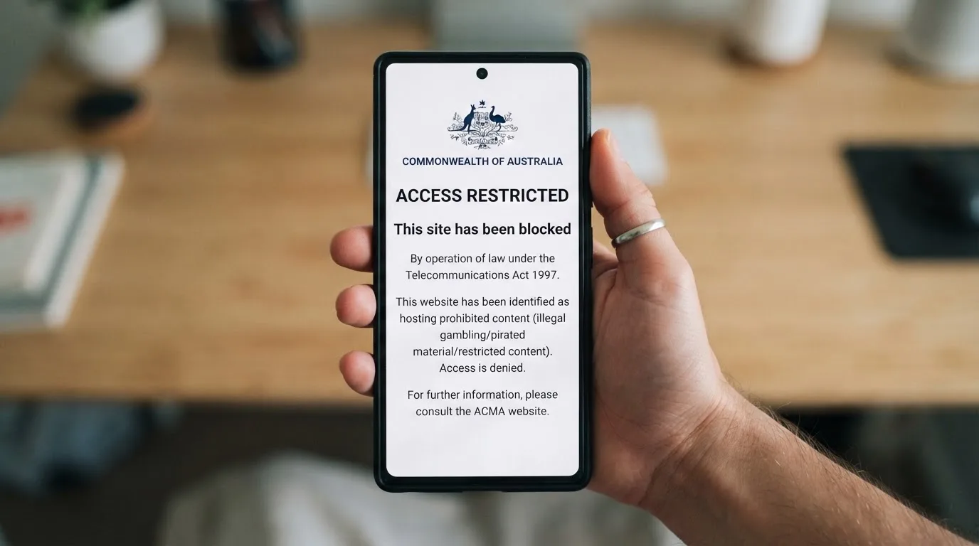 A smartphone screen showing a plain government warning notice about a blocked website, held against a blurred background.