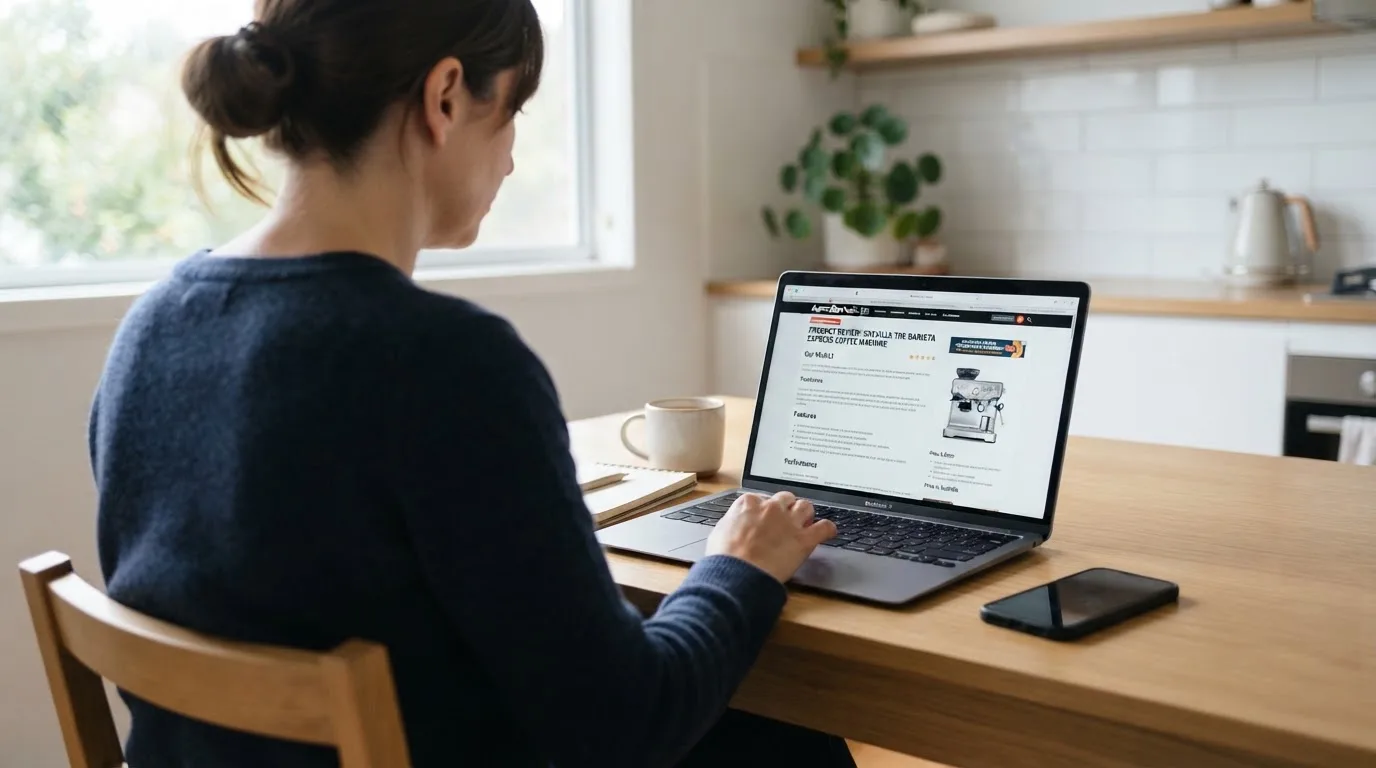 A person at a kitchen table scrolling through review pages on a laptop, phone face-down beside them.
