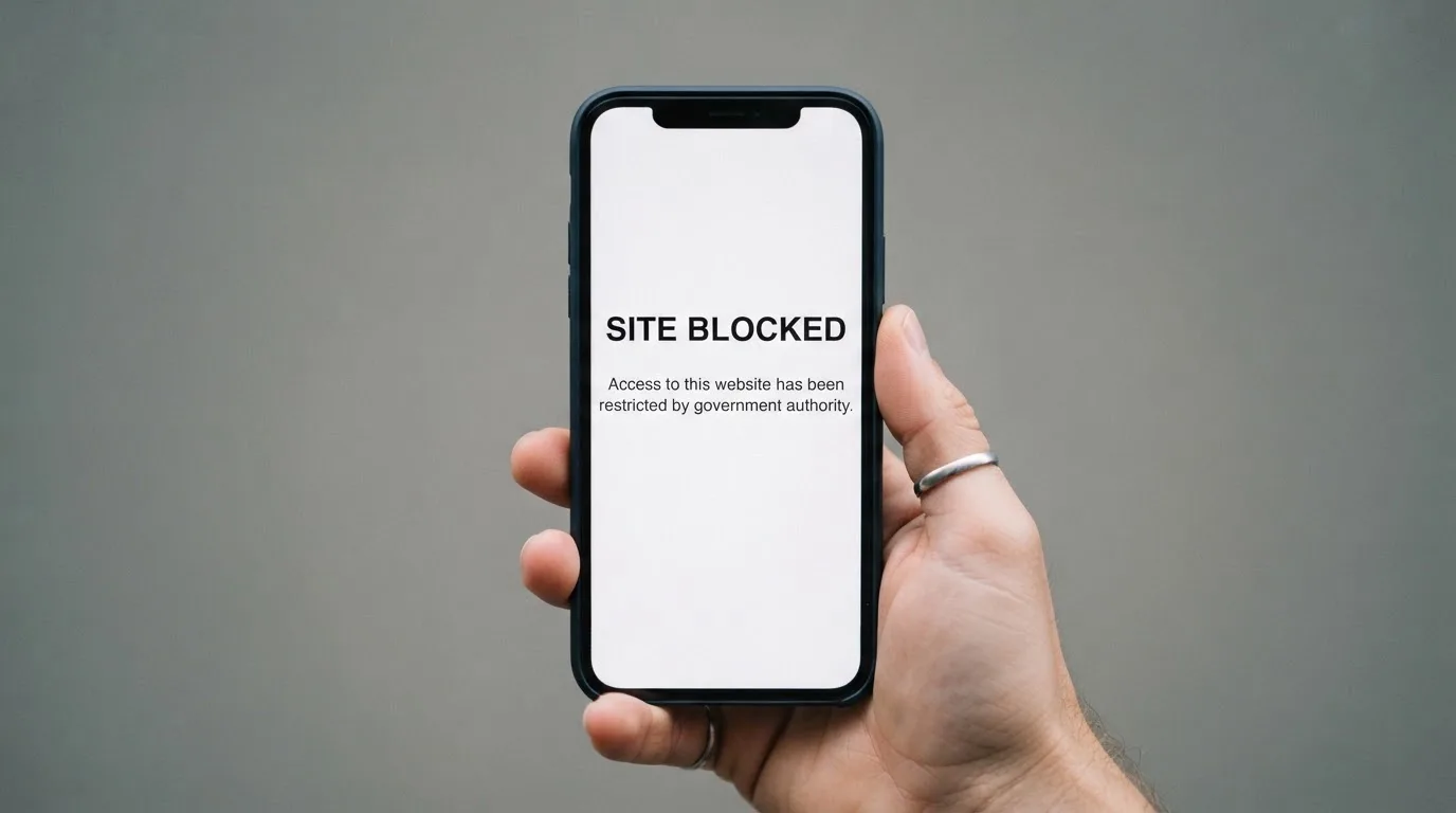 A smartphone screen showing a plain government warning notice about a blocked website, held against a blurred background.