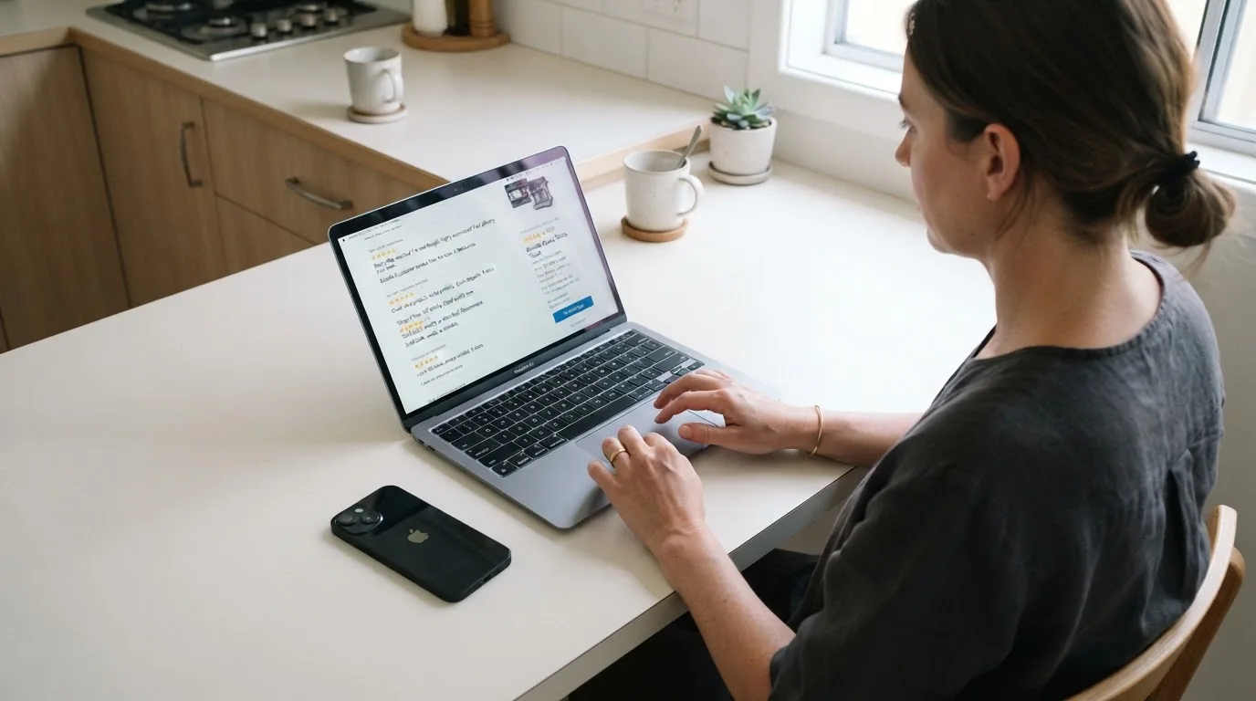 A person at a kitchen table scrolling through review pages on a laptop, phone face-down beside them.