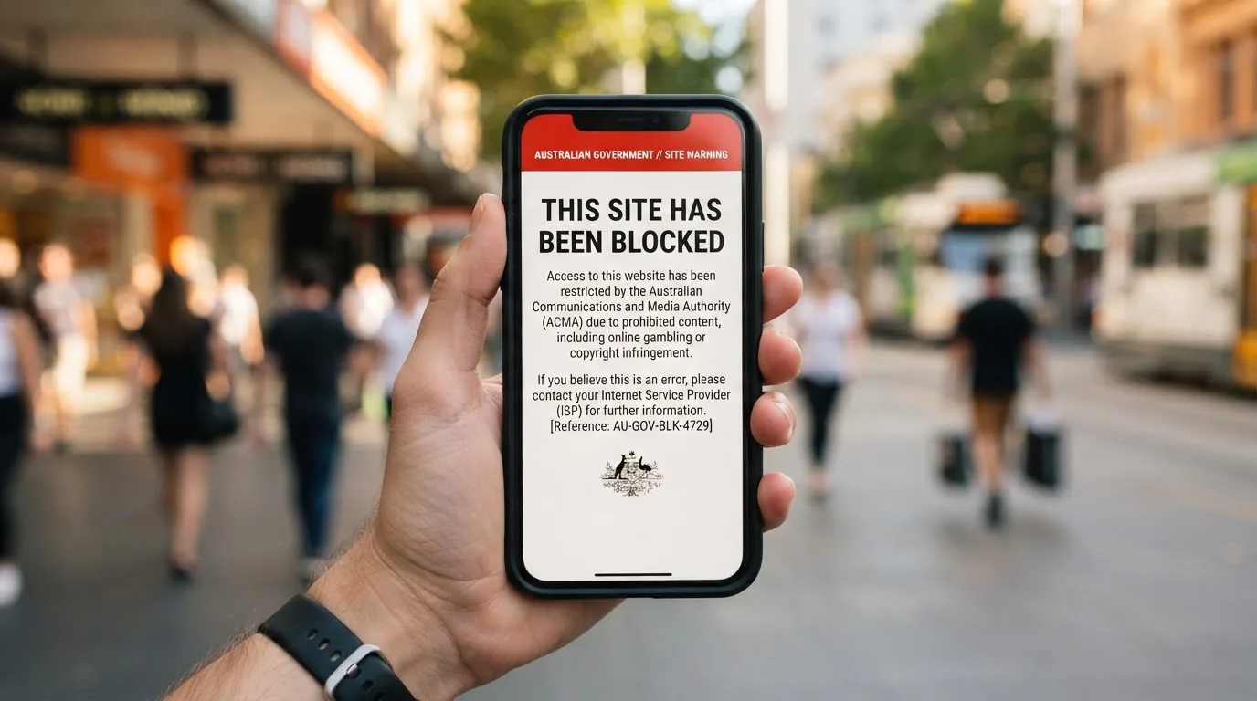 A smartphone screen showing a plain government warning notice about a blocked website, held against a blurred background.