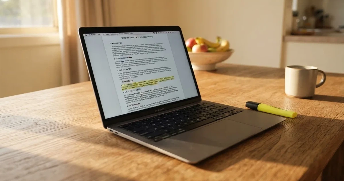 A laptop screen showing a page of terms and conditions text with a highlighter resting nearby.