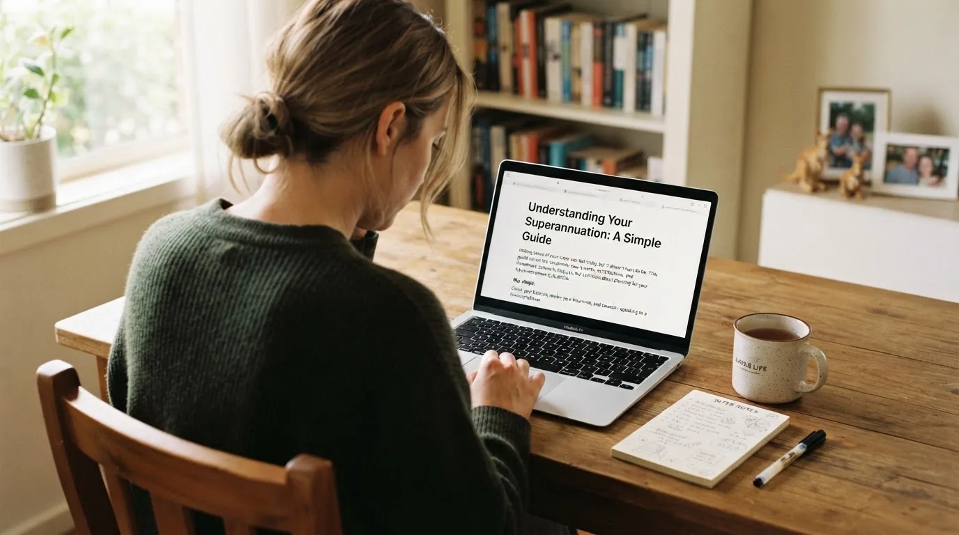 A person at a laptop reading a plain-language explainer article at a home desk.
