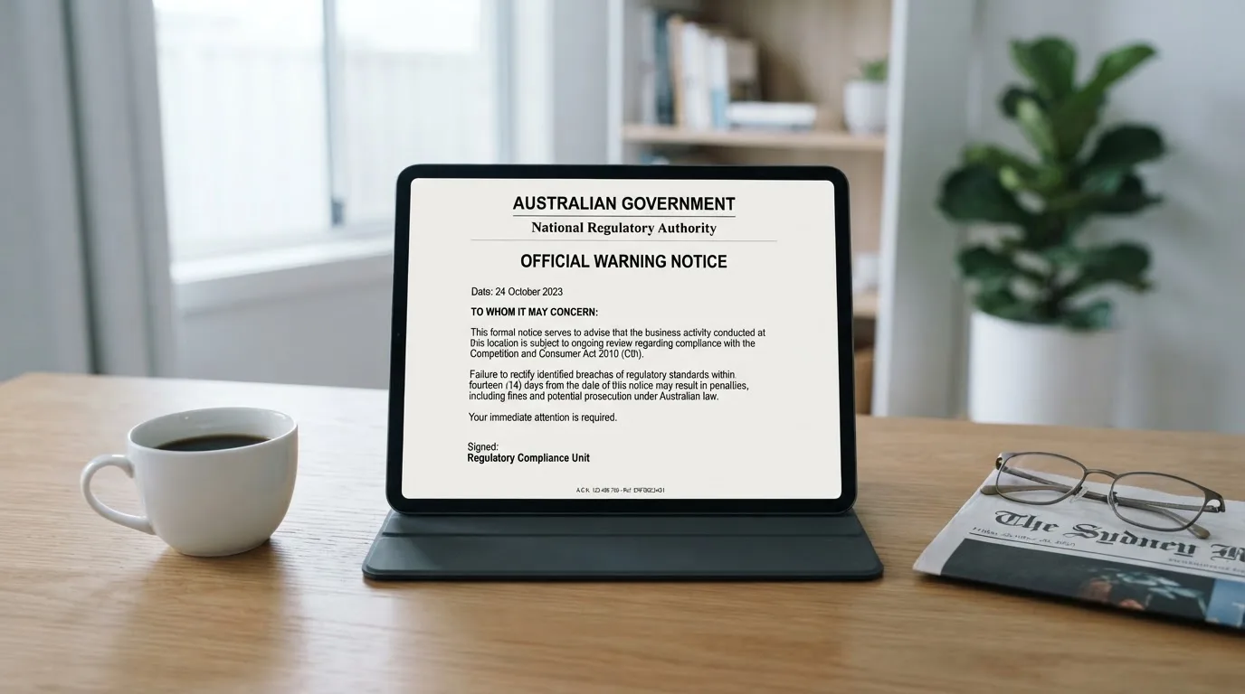 A tablet screen displaying an official regulator warning notice on a desk beside a coffee cup.