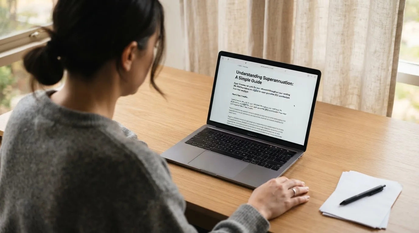 A person at a laptop reading a plain-language explainer article at a home desk.