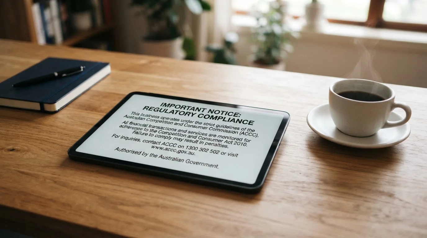 A tablet screen displaying an official regulator warning notice on a desk beside a coffee cup.