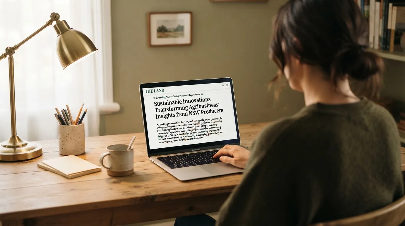 A person at a laptop reading a plain-language explainer article at a home desk.