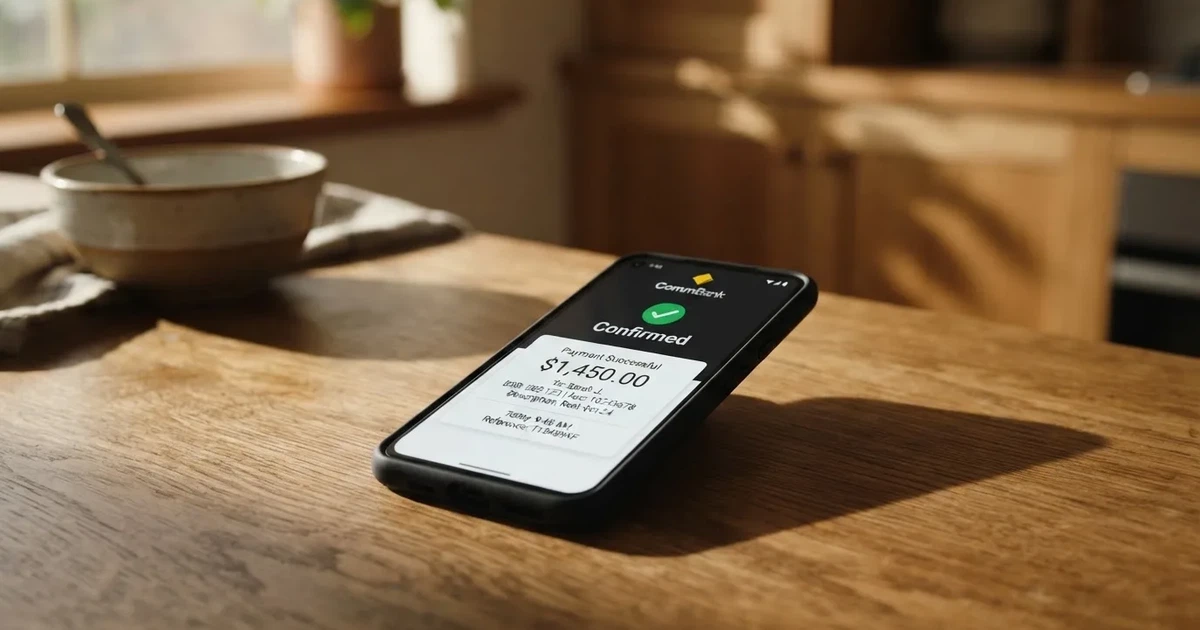 A close-up of a banking app on a smartphone showing a same-day transfer confirmation on a kitchen table.