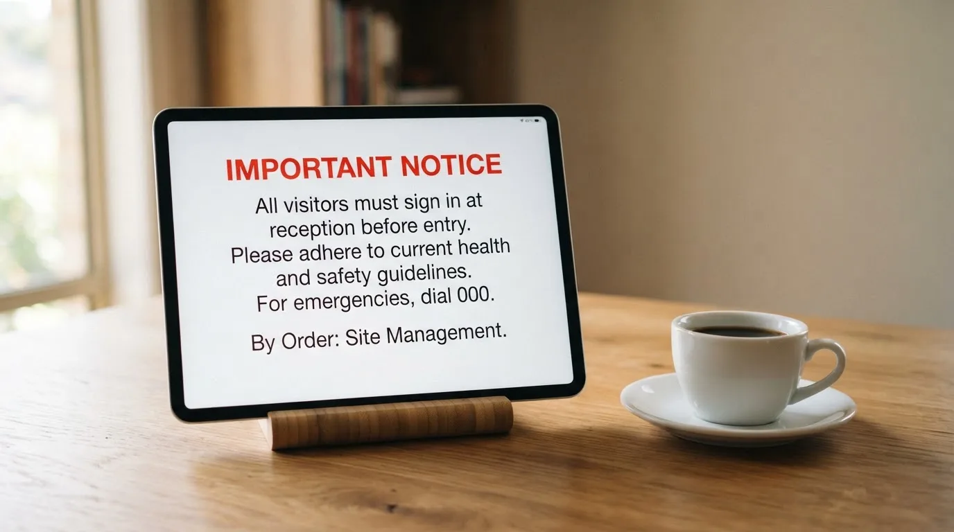 A tablet screen displaying an official regulator warning notice on a desk beside a coffee cup.