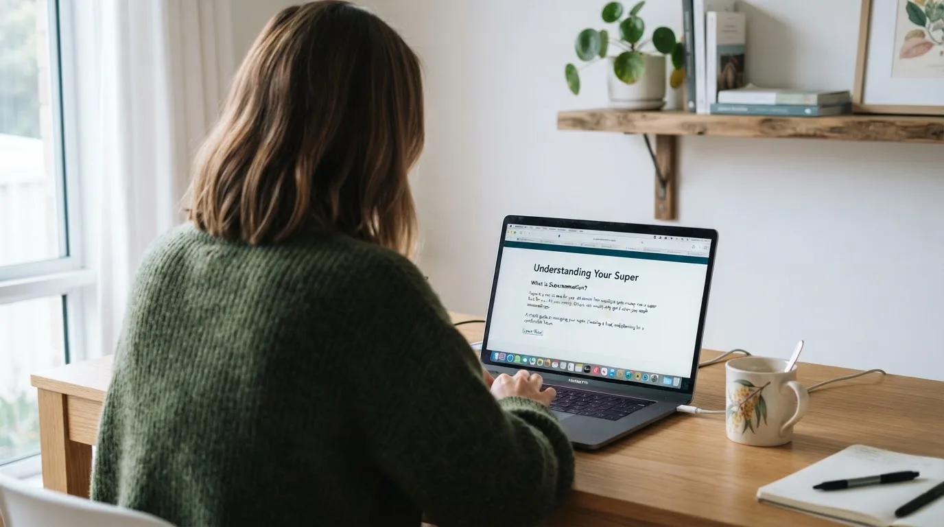 A person at a laptop reading a plain-language explainer article at a home desk.