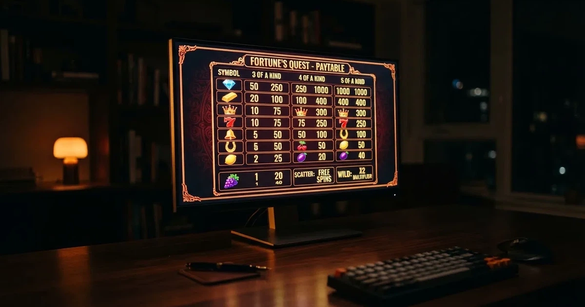 A slot machine's paytable screen glowing on a monitor in a dim room.