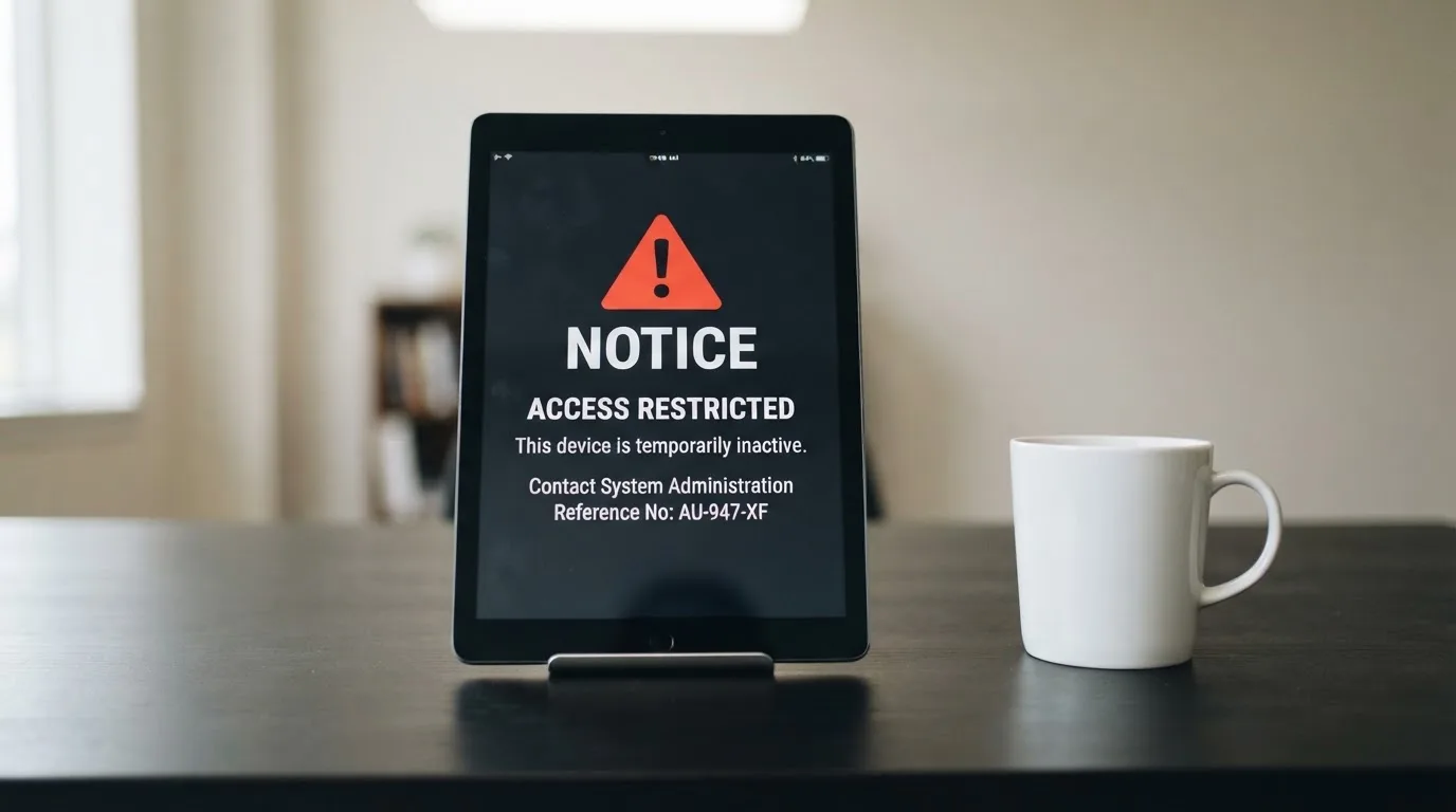 A tablet screen displaying an official regulator warning notice on a desk beside a coffee cup.