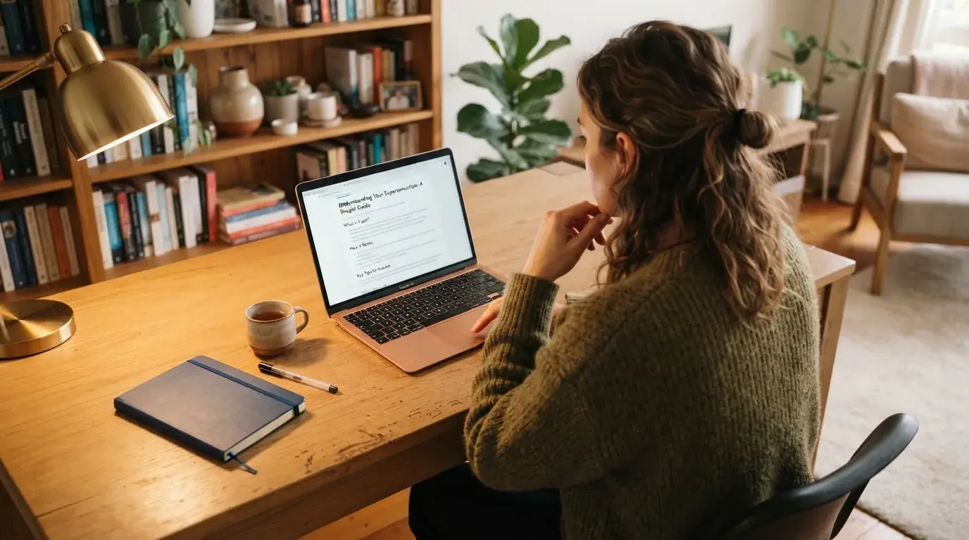 A person at a laptop reading a plain-language explainer article at a home desk.