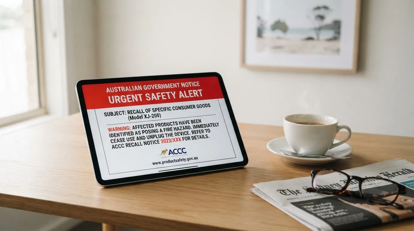 A tablet screen displaying an official regulator warning notice on a desk beside a coffee cup.